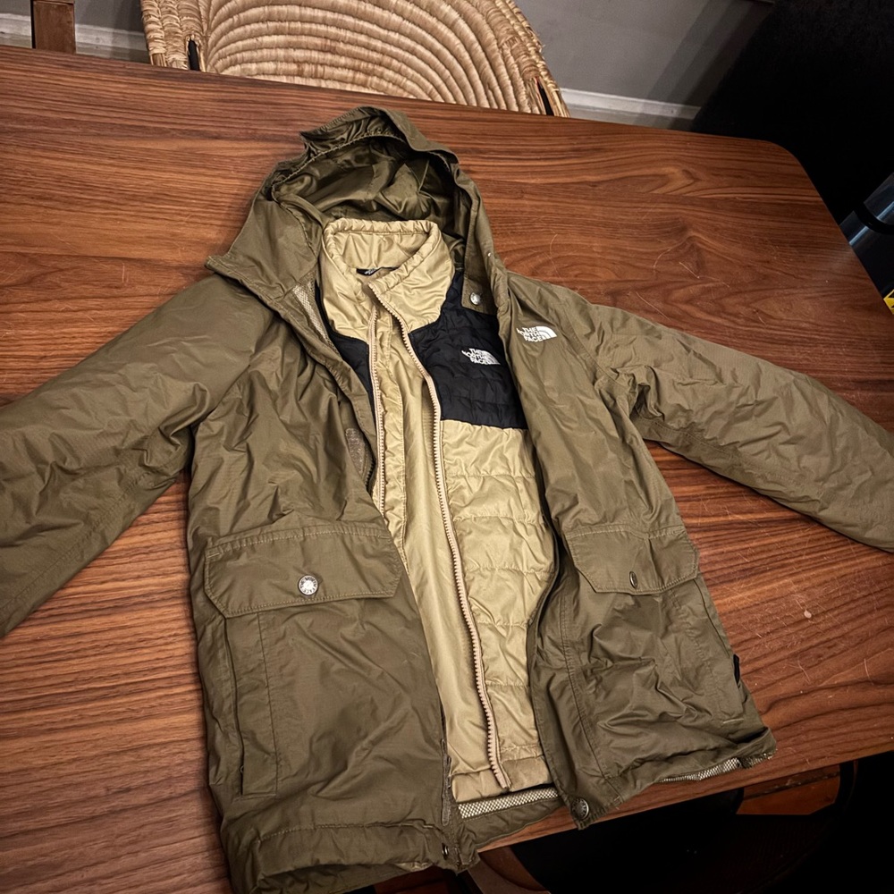 The North Face Boys Olive Green Jacket two layers